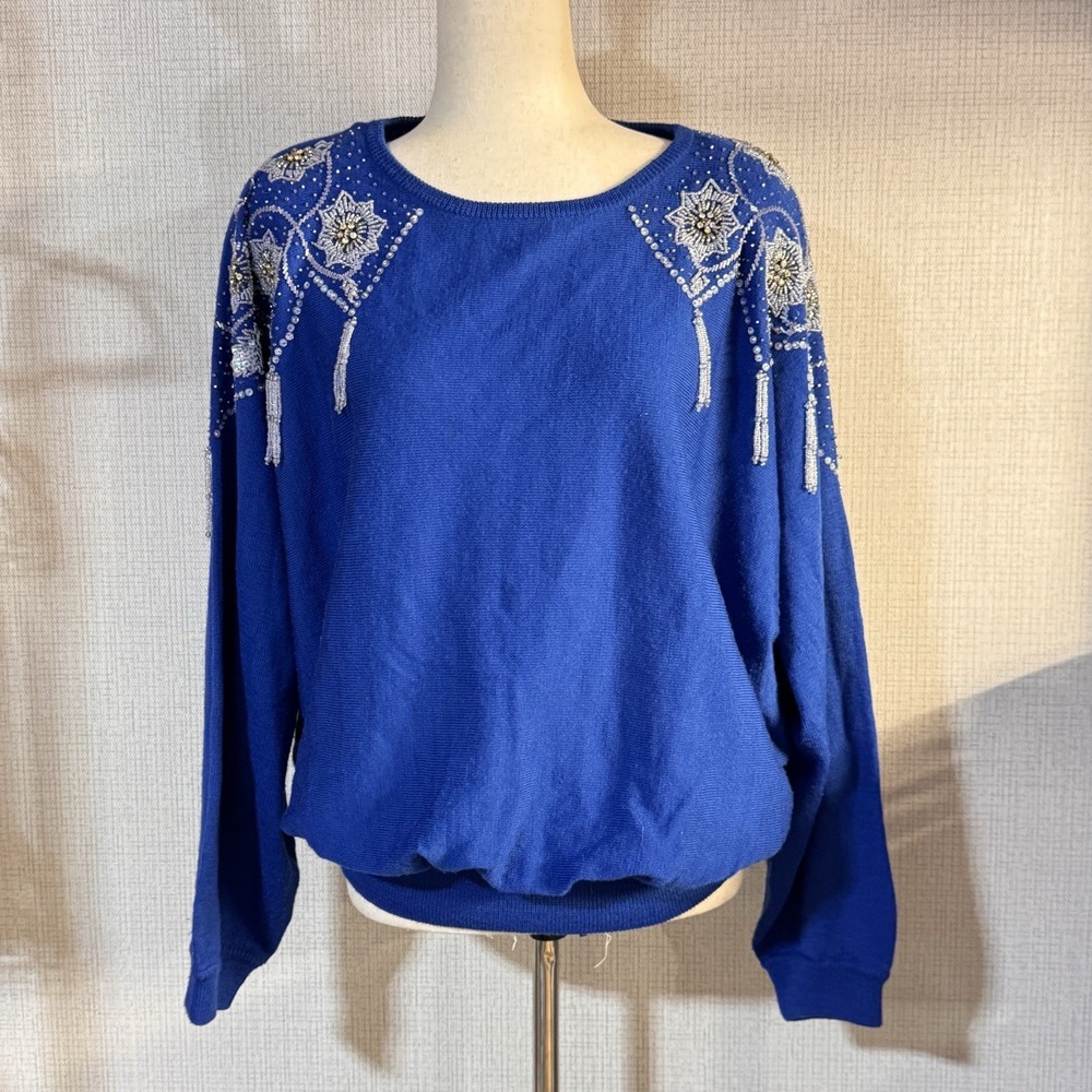 Grove‎ Avenue Beaded Sequin Sweater Womens L Blue Vintage 80s Glam Retro Party